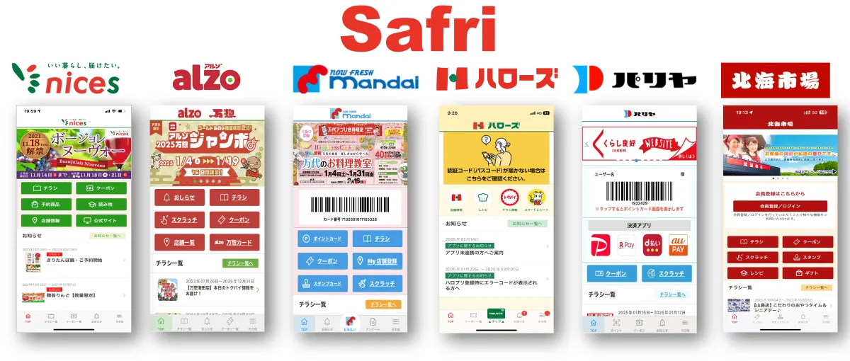 スーパーマーケット向けスマホ販促アプリ「Safri」が選ばれる理由
お客様に喜んでいただける「豊富なお楽しみ機能」
導入後も安心できる「販促サポート」
お客様との接点が深まる「高い月間アクティブ率」
